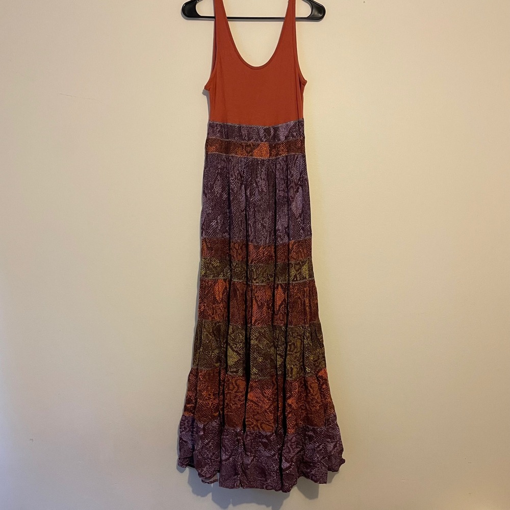 Anthropologie Womens XSP Tiered Maxi Dress Orange Purple Boho Tank Snakeskin